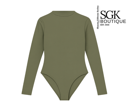 Green bodysuit with long sleeves on a white background, featuring the SGK Boutique logo.