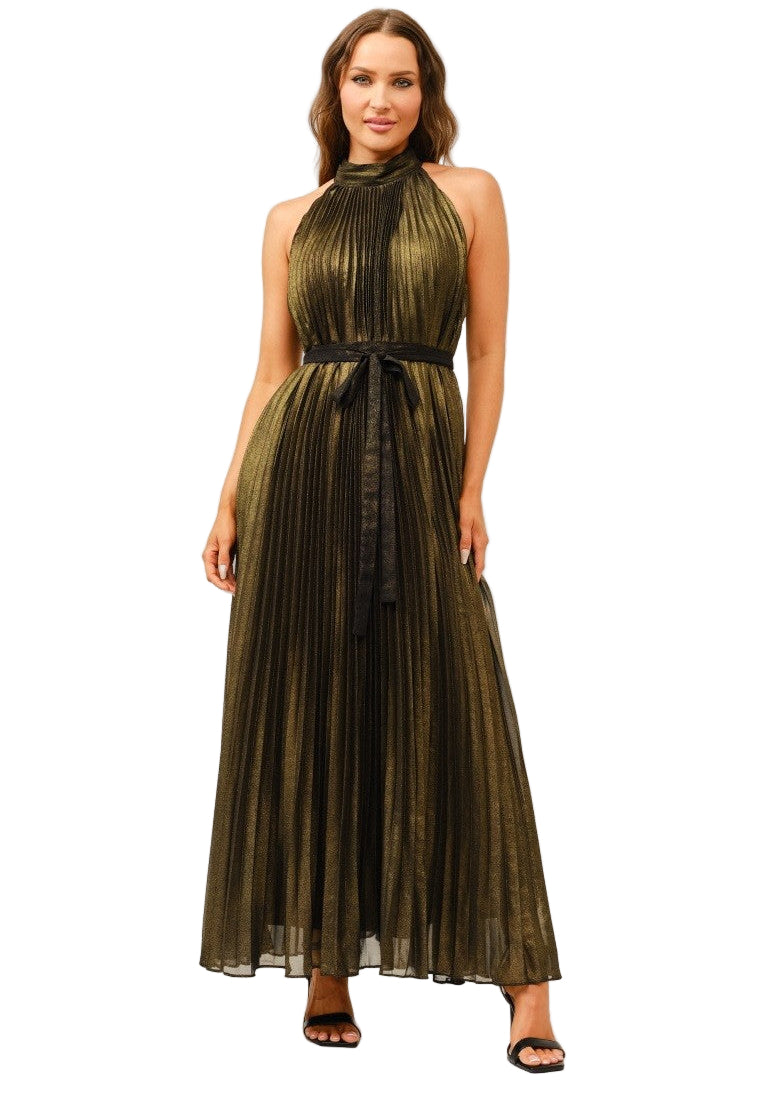 Woman wearing a metallic olive pleated dress on a white background