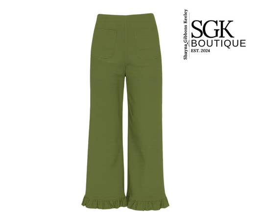 Olive pants with ruffled hem on a white background, featuring SGK Boutique logo.