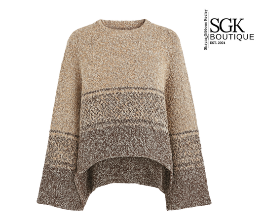 Beige and brown patterned sweater with SGK Boutique logo on a white background