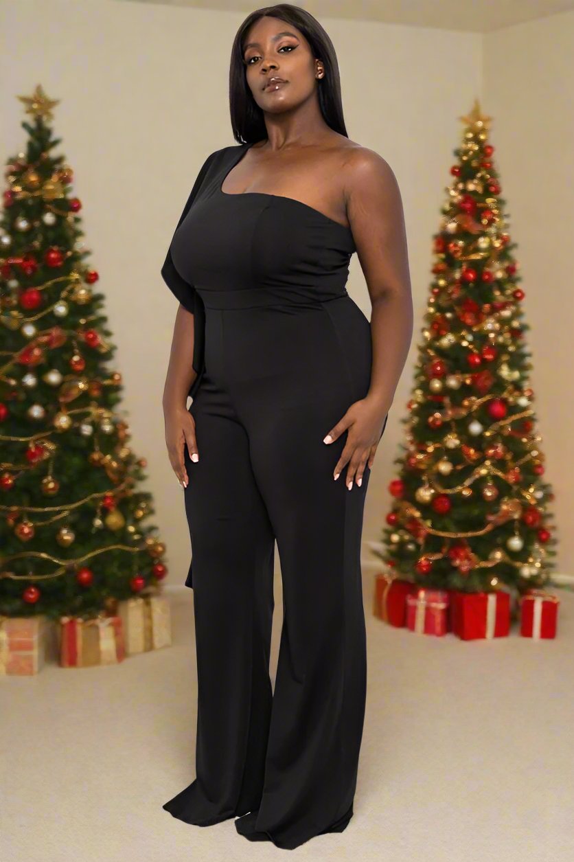 FINAL SALE RUFFLE SIDE ONE SHOULDER JUMPSUIT (PLUS)