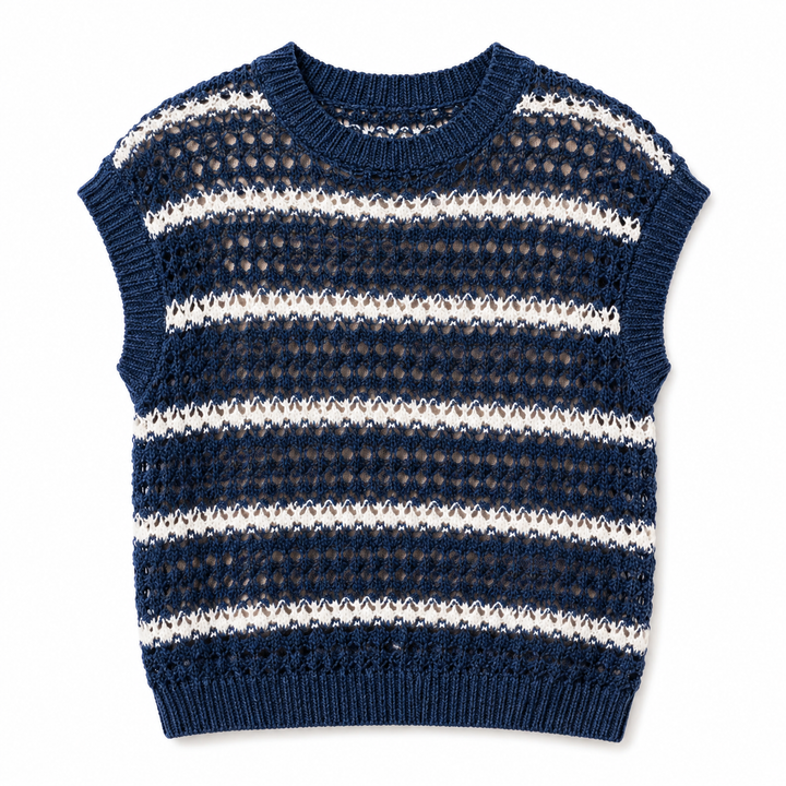 Blue and white striped sleeveless knitted sweater on a white background