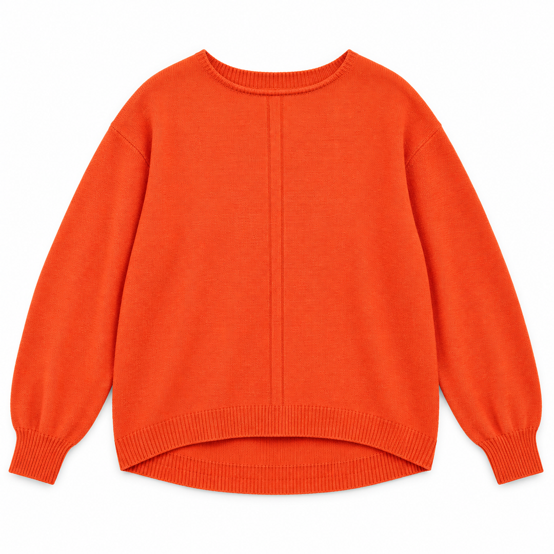 Bright orange knit sweater with long sleeves, ribbed crew neck, cuffs, and hem, shown flat against a white background.