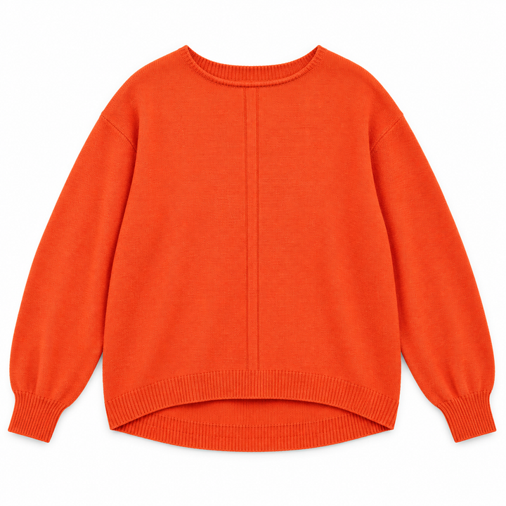 Bright orange knit sweater with long sleeves, ribbed crew neck, cuffs, and hem, shown flat against a white background.