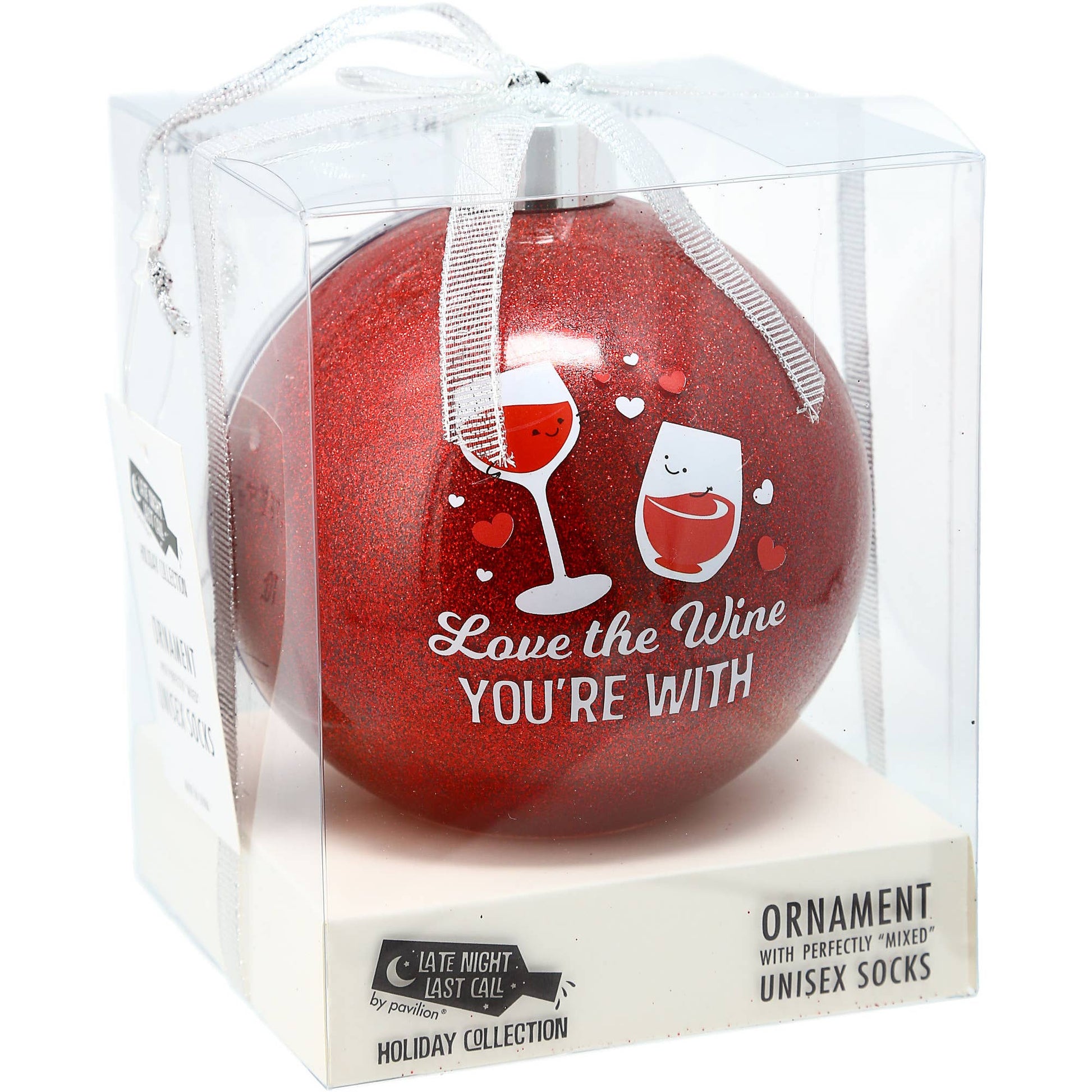 Red ornament with white text and graphics in a clear packaging box.