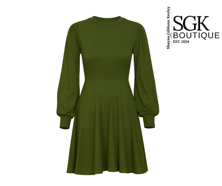 Green dress with long sleeves on a white background, featuring the SGK Boutique logo.