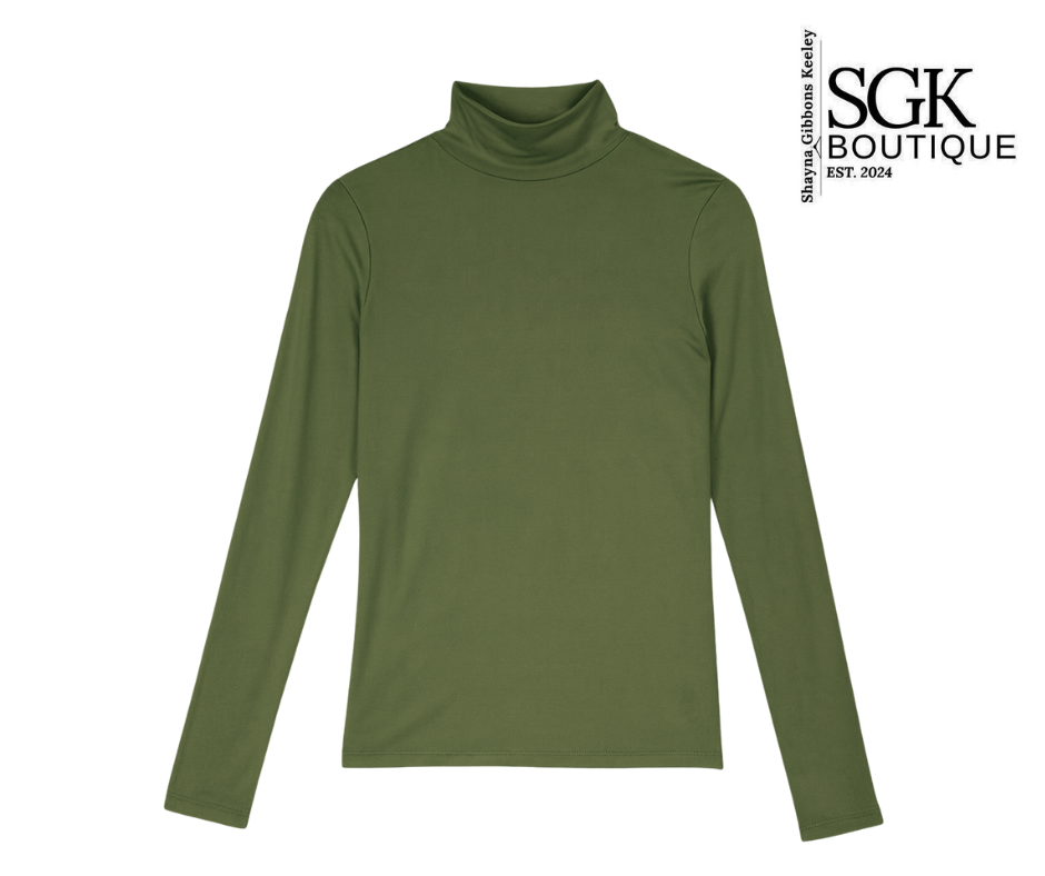 Olive turtleneck shirt on a white background with SGK Boutique logo.