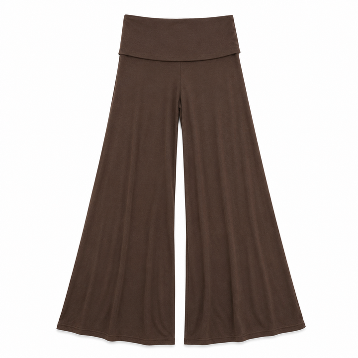 A pair of wide-leg cropped pants in a solid dark brown color, displayed flat against a plain white background.
