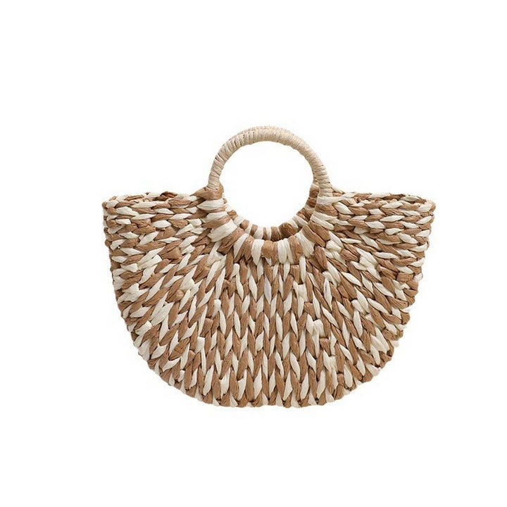 Woven handbag with natural and beige pattern on a white background