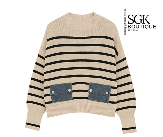 Beige sweater with black stripes and denim pocket patches on a white background, featuring SGK Boutique logo.