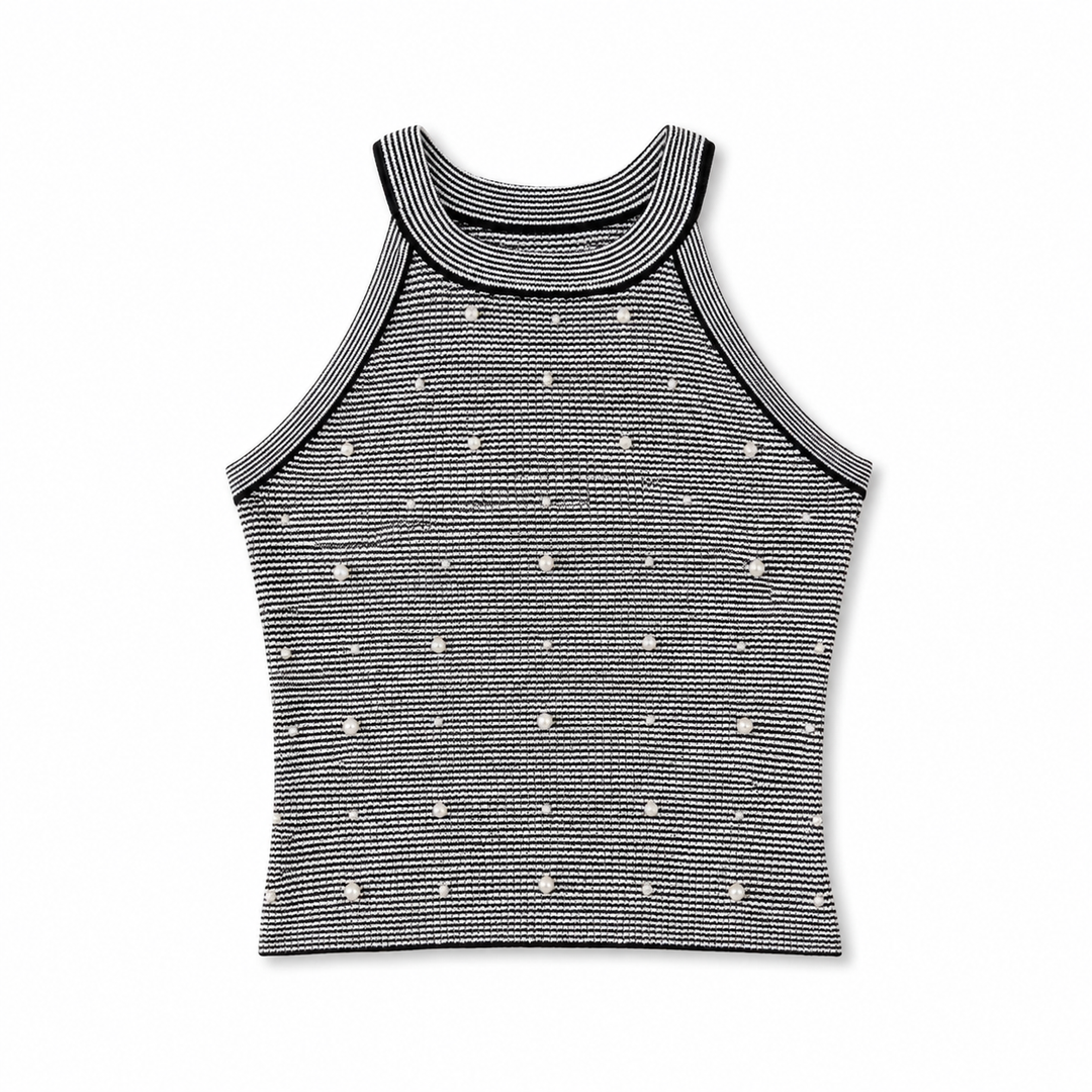 A sleeveless ribbed knit top with a high crew neck, featuring a black and white horizontal stripe pattern and small white dot embellishments, shown flat on a white background.