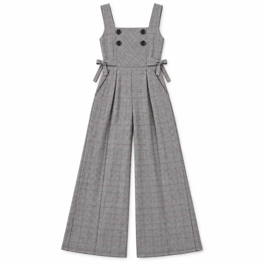 A gray plaid wide-leg jumpsuit with shoulder ties and four black decorative buttons on the chest, shown flat on a white background.
