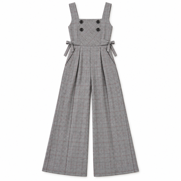 A gray plaid wide-leg jumpsuit with shoulder ties and four black decorative buttons on the chest, shown flat on a white background.