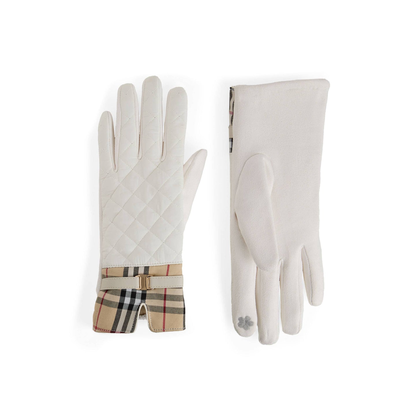 Pair of white gloves with checkered pattern on a white background