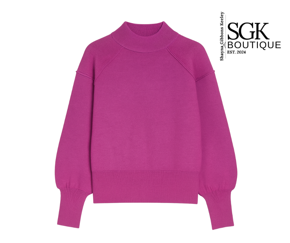 Purple sweater on a white background with SGK Boutique logo.