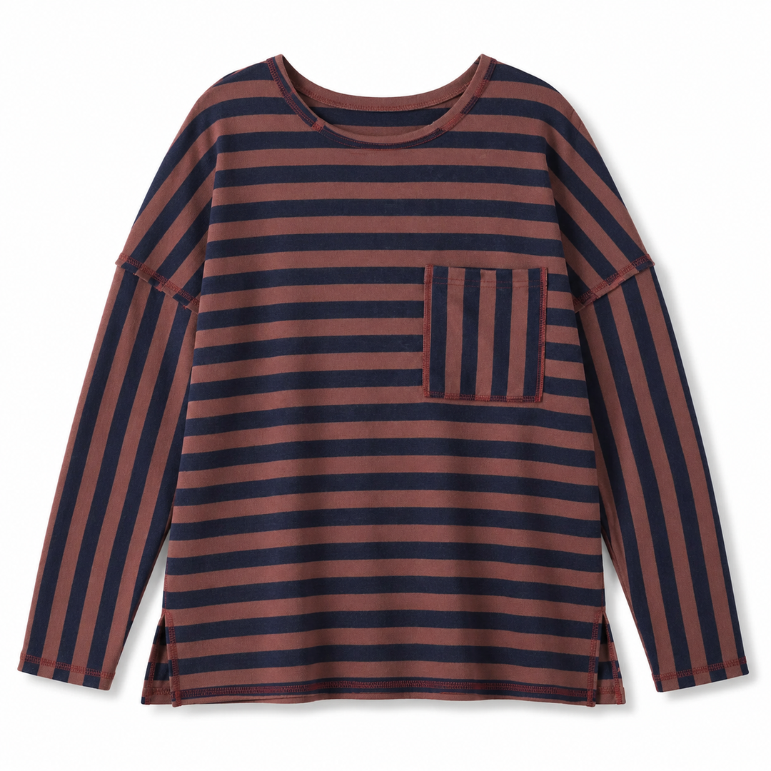 A long-sleeve crewneck shirt with horizontal stripes in dark navy and a muted reddish-brown, featuring a matching striped chest pocket.