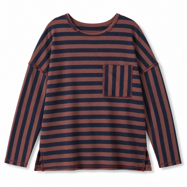 A long-sleeve crewneck shirt with horizontal stripes in dark navy and a muted reddish-brown, featuring a matching striped chest pocket.