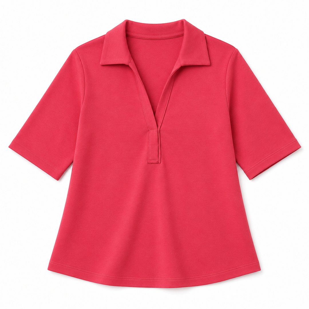 A bright pink short-sleeve polo shirt with a V-neck and button placket, displayed flat against a solid white background.