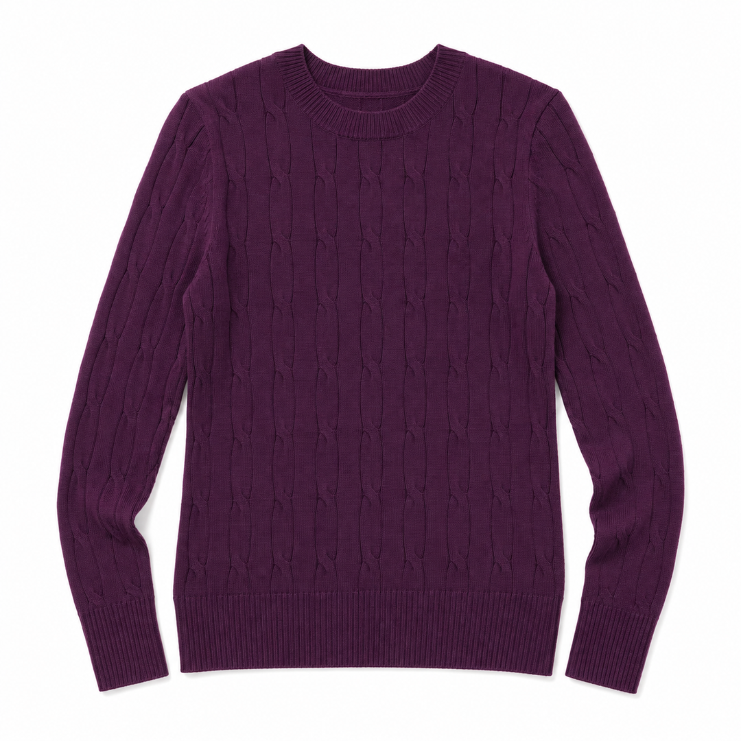 A dark purple cable-knit crewneck sweater with ribbed collar, cuffs, and hem, displayed flat against a white background.