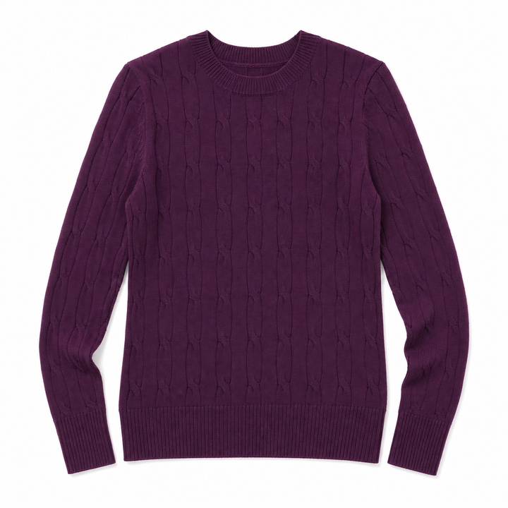 A dark purple cable-knit crewneck sweater with ribbed collar, cuffs, and hem, displayed flat against a white background.