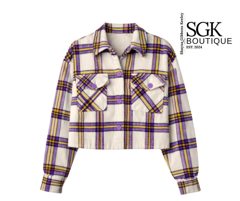 Plaid shirt with purple and yellow pattern on a white background, featuring SGK Boutique logo.