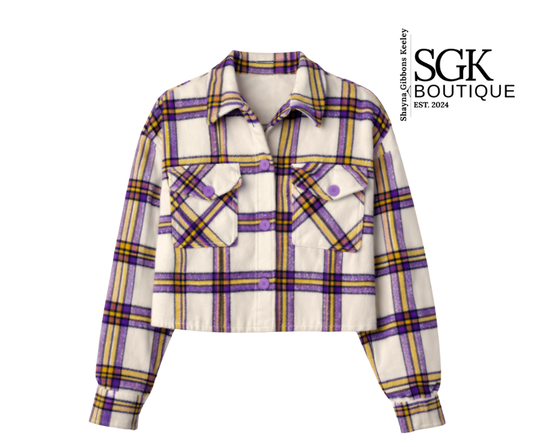 Plaid shirt with purple and yellow pattern on a white background, featuring SGK Boutique logo.