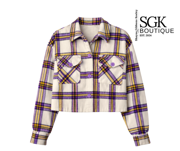 Plaid shirt with purple and yellow pattern on a white background, featuring SGK Boutique logo.