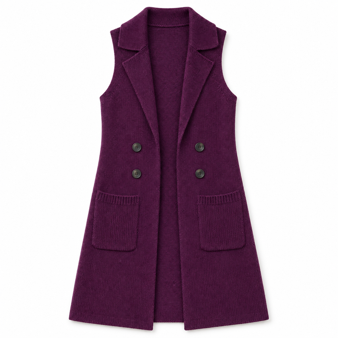 A sleeveless, double-breasted knit vest in deep purple, featuring notched lapels, dark buttons, and two front patch pockets, shown against a plain white background.