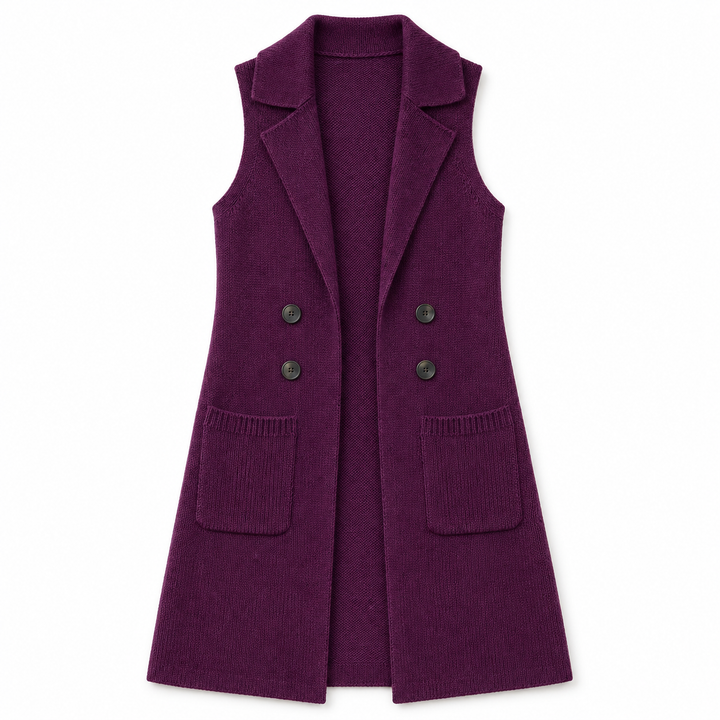 A sleeveless, double-breasted knit vest in deep purple, featuring notched lapels, dark buttons, and two front patch pockets, shown against a plain white background.