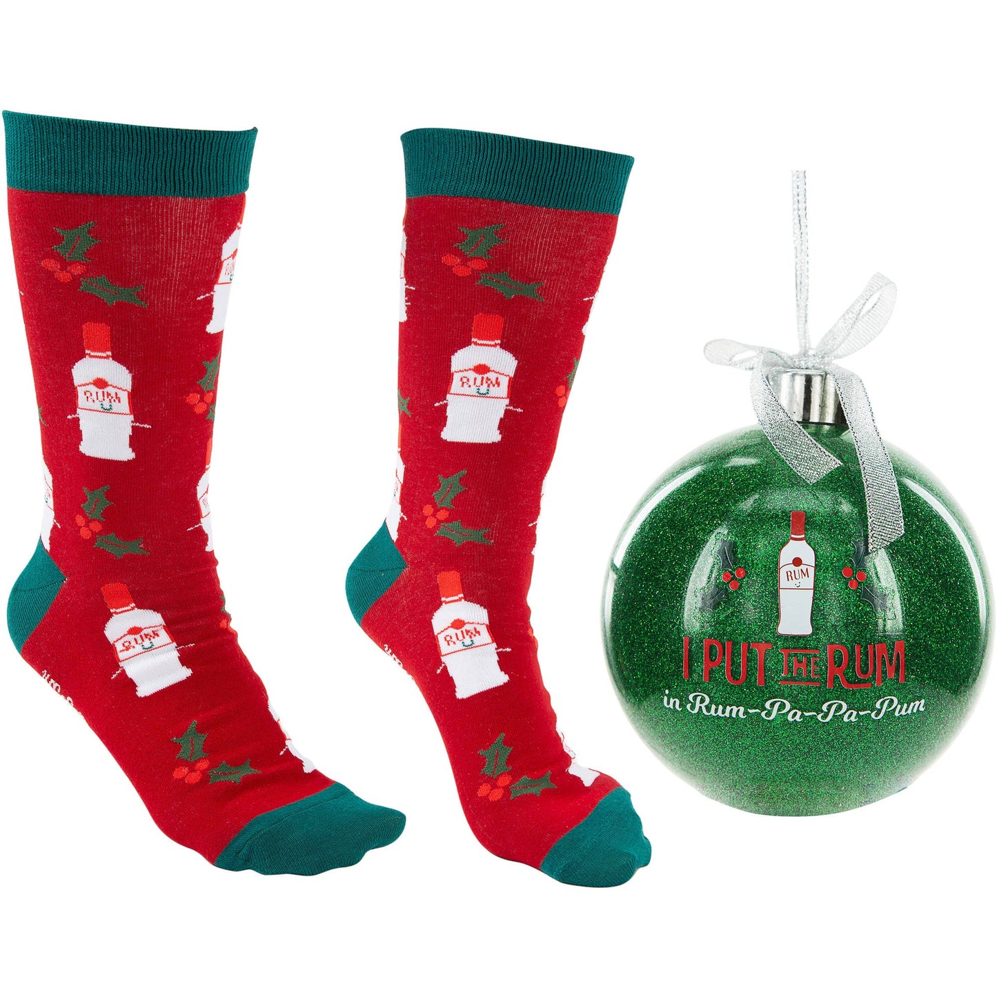 Red socks with green accents and a green ornament featuring a rum bottle design on a white background.