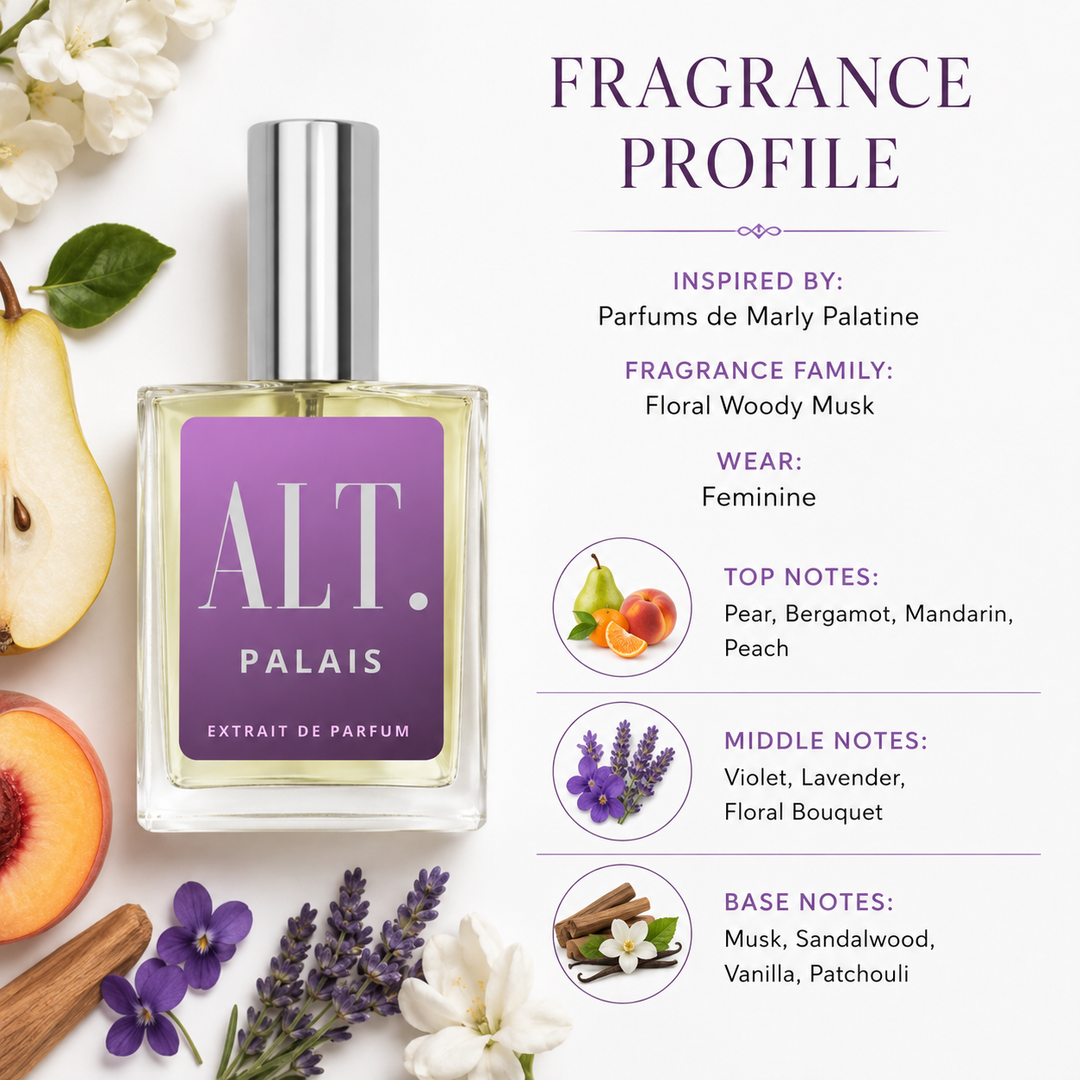 A perfume bottle labeled ALT. PALAIS sits on a white background surrounded by fragrance-themed props including a pear, peach, lavender, cinnamon, and white flowers.
