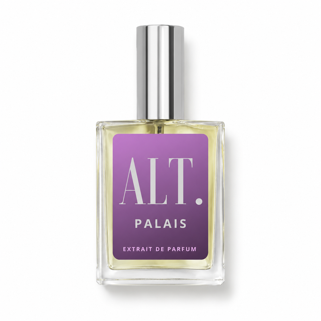 A rectangular glass bottle of Alt. Palais Extrait de Parfum with a purple label and a silver cap, set against a plain white background.