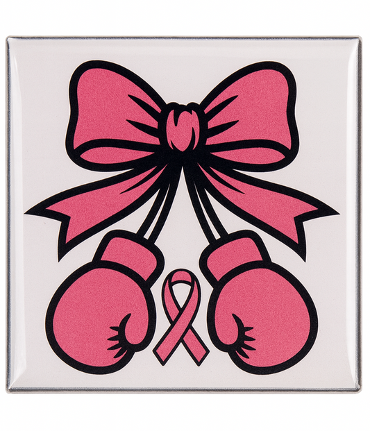 Pink boxing gloves with a bow and a pink ribbon on a white background