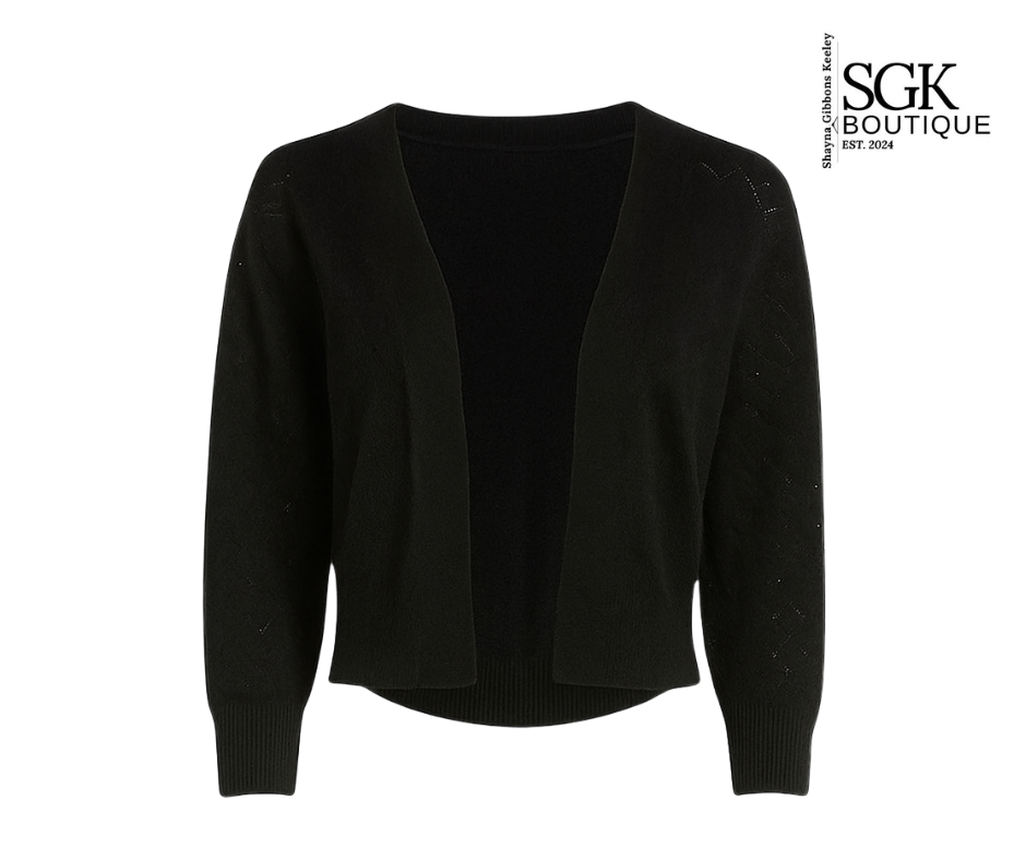 Black cardigan on a white background with SGK Boutique logo.