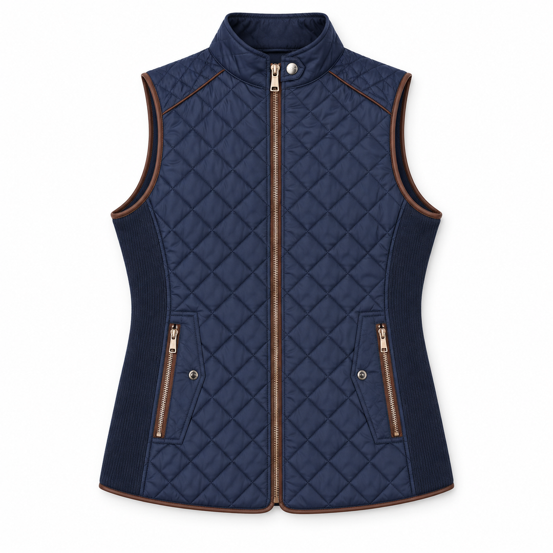 A navy blue quilted vest with brown trim and gold-tone zippers, shown flat against a white background.