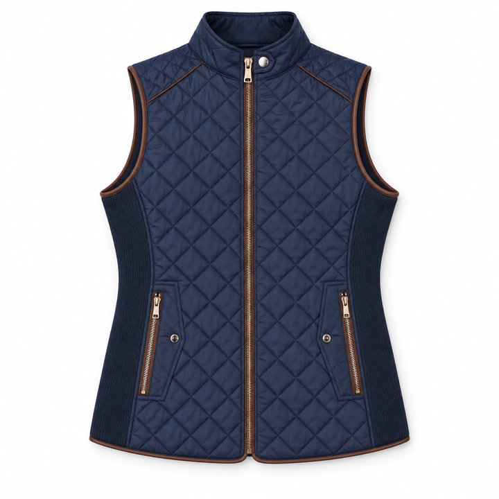 A navy blue quilted vest with brown trim and gold-tone zippers, shown flat against a white background.