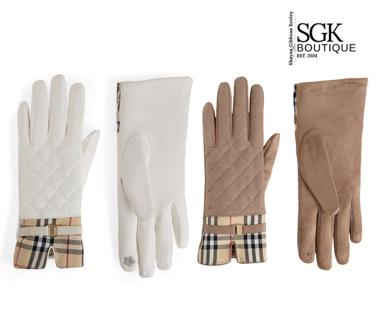 gloves with checkered cuffs on a white background, featuring the SGK Boutique logo.