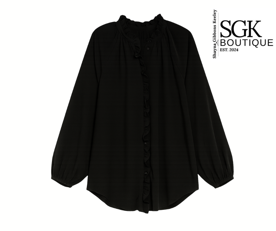 Black blouse with a high collar on a white background, featuring SGK Boutique logo.