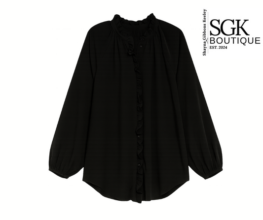Black blouse with a high collar on a white background, featuring SGK Boutique logo.