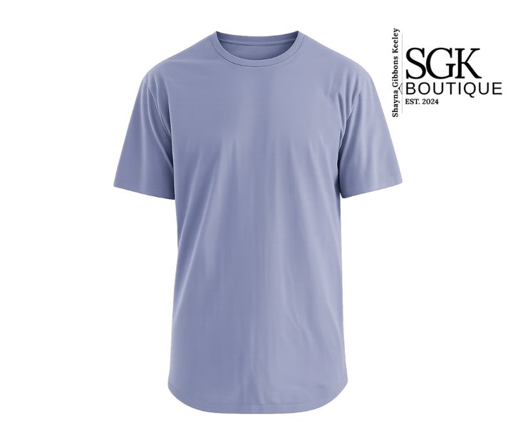 Light blue t-shirt on a white background with SGK Boutique logo.