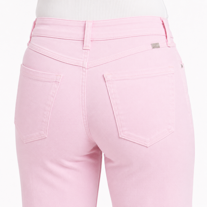 Close-up of pink pants with a brand logo on a white background