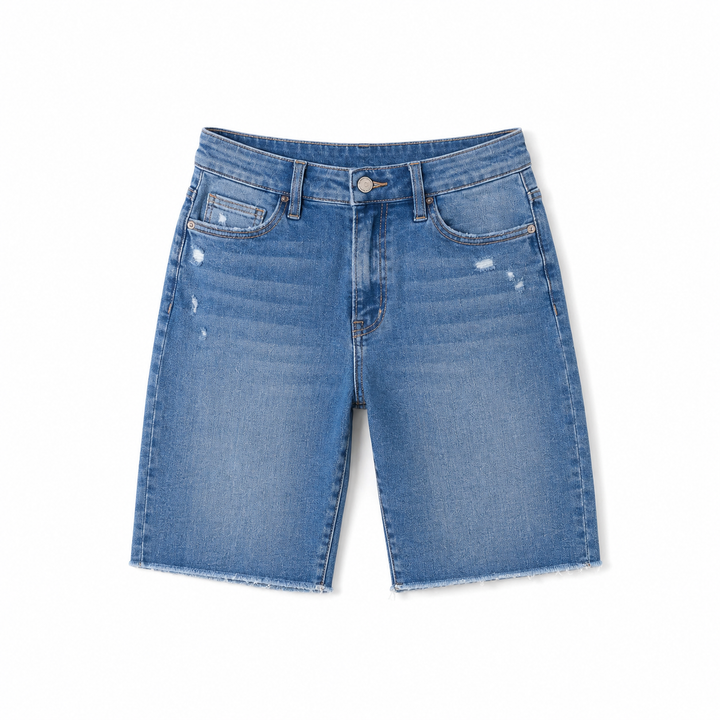 Blue denim shorts on a white background