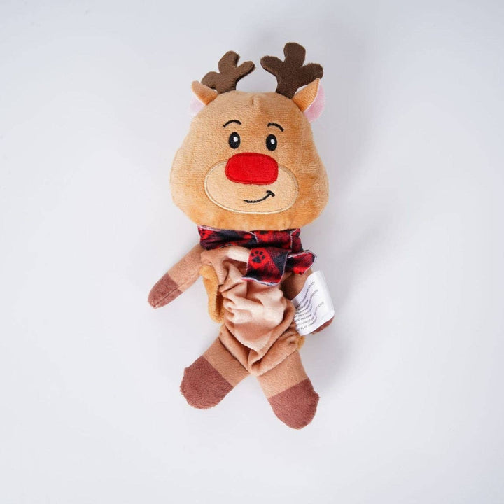 Plush reindeer toy with a red bow tie on a white background
