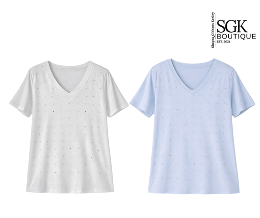 Two V-neck shirts, one white and one light blue, with a visible brand logo on a white background.