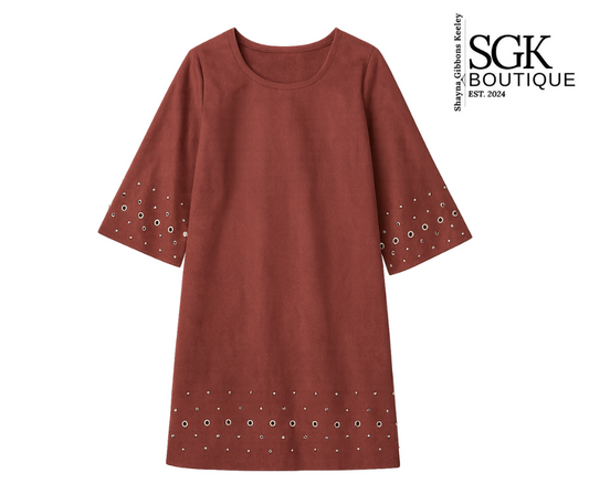 Brown dress with geometric patterns on sleeves and hem, displayed against a white background with SGK Boutique branding.