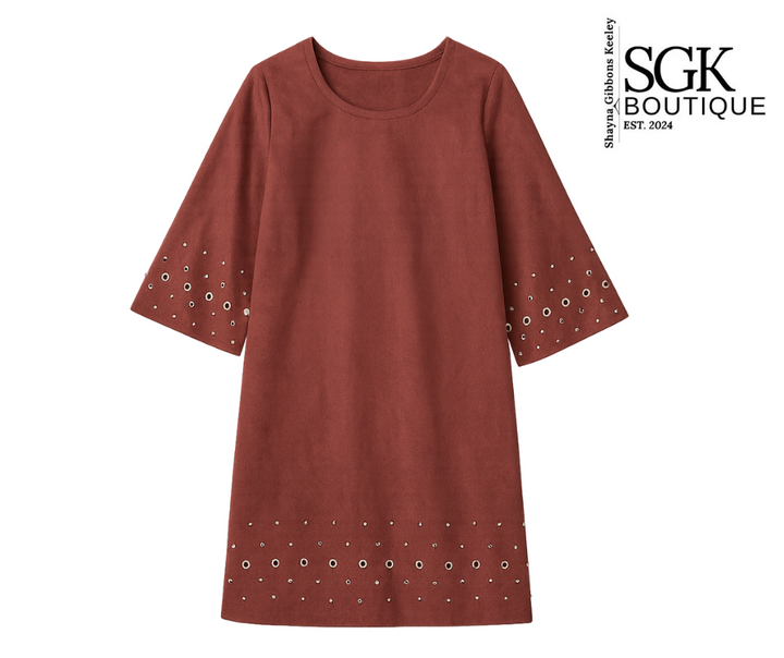 Brown dress with geometric patterns on sleeves and hem, displayed against a white background with SGK Boutique branding.