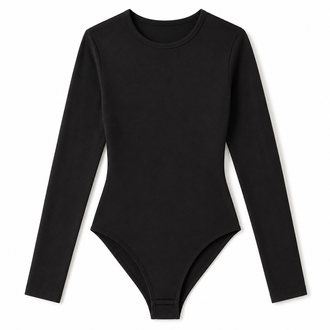 A black long-sleeve bodysuit with a crew neck, displayed flat against a solid white background.