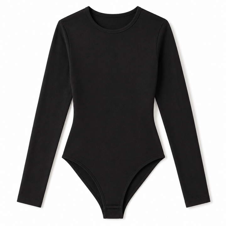 A black long-sleeve bodysuit with a crew neck, displayed flat against a solid white background.