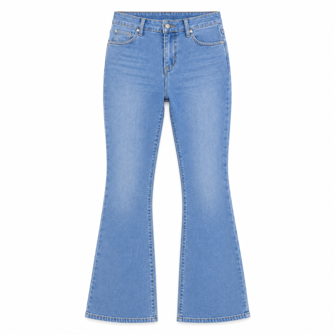 Light blue denim flare jeans shown flat against a plain white background.