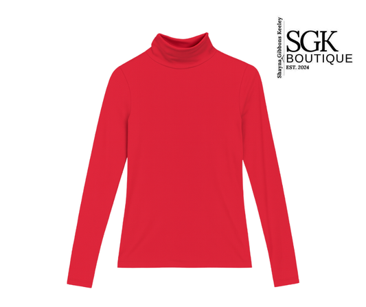 Red turtleneck sweater on a white background with SGK Boutique logo.